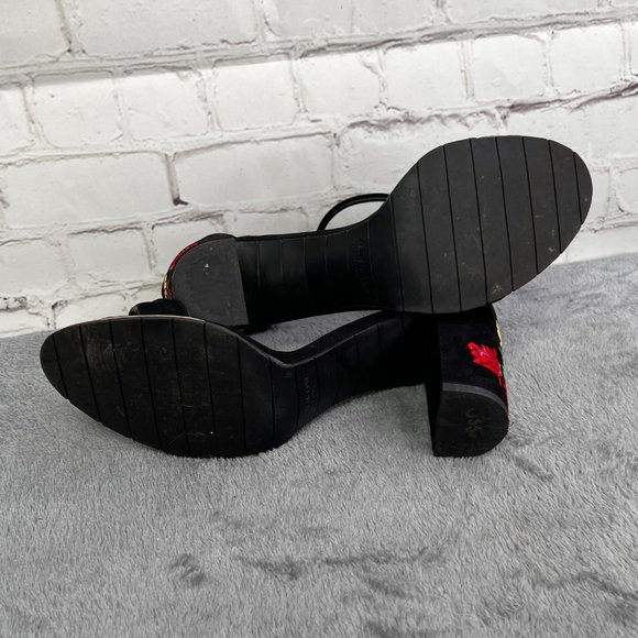 Kenneth Cole Lisa Black Suede Heels Sandals size 9 Embroidered Floral Chunky - Picture 7 of 10